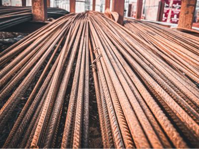 Stahlbewehrung gebündelt auf Baustelle, zeigt spezielle Bauartikel für Stabilität und Tragfähigkeit Stahlbewehrung gebündelt auf Baustelle, zeigt spezielle Bauartikel für Stabilität und Tragfähigkeit